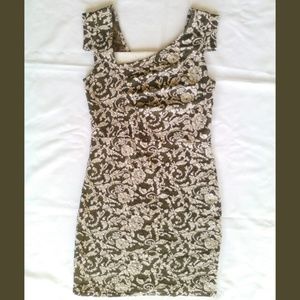 Brown & White Floral Trinity Stretchy Bodycon Mini Dress Cinched Bust Asymmetric